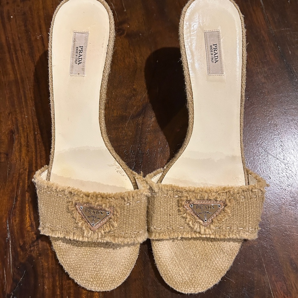 PRADA TAN JUTE LOGO WEDGE
 Women's Tan Slide Sandals